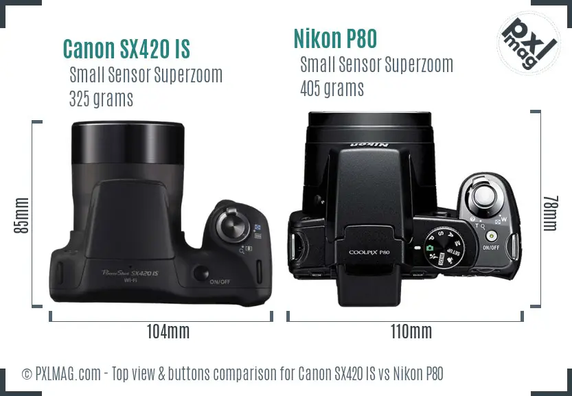 Canon SX420 IS vs Nikon P80 top view buttons comparison