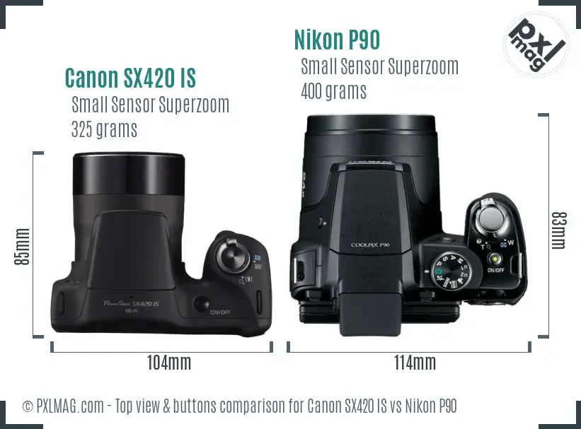 Canon SX420 IS vs Nikon P90 top view buttons comparison