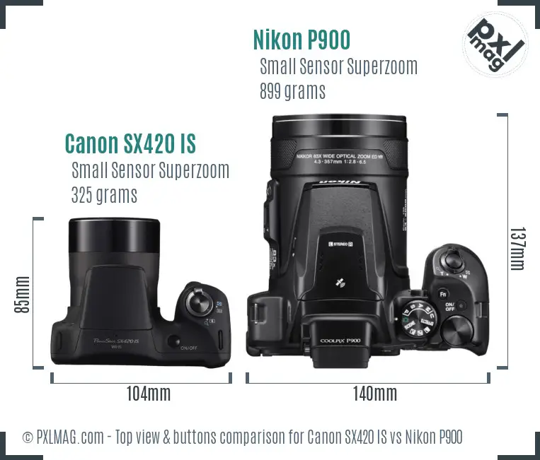 Canon SX420 IS vs Nikon P900 top view buttons comparison