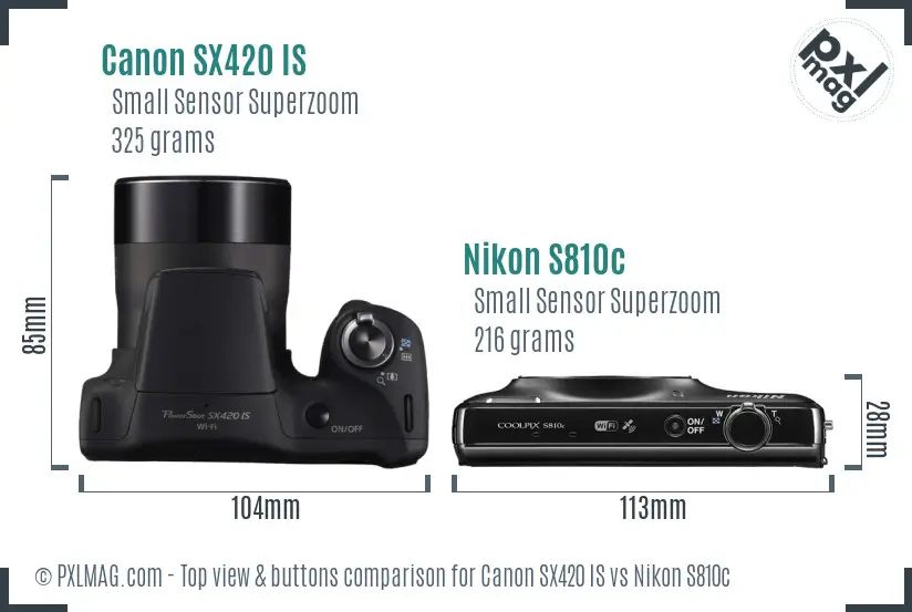 Canon SX420 IS vs Nikon S810c top view buttons comparison