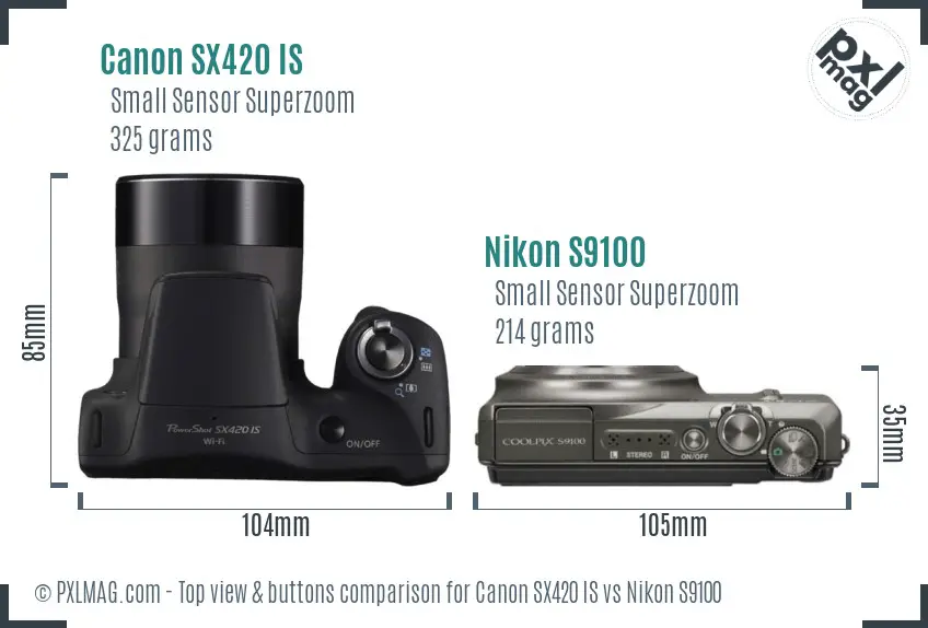 Canon SX420 IS vs Nikon S9100 top view buttons comparison Canon SX420 IS vs Nikon S9100 top view buttons comparison