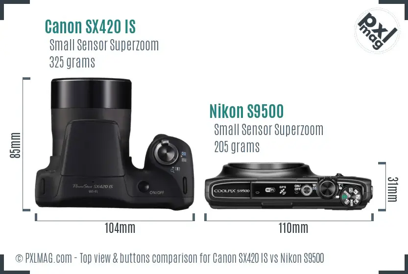 Canon SX420 IS vs Nikon S9500 top view buttons comparison Canon SX420 IS vs Nikon S9500 top view buttons comparison