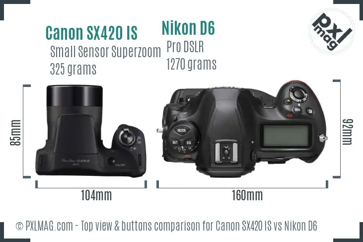 Canon SX420 IS vs Nikon D6 top view buttons comparison