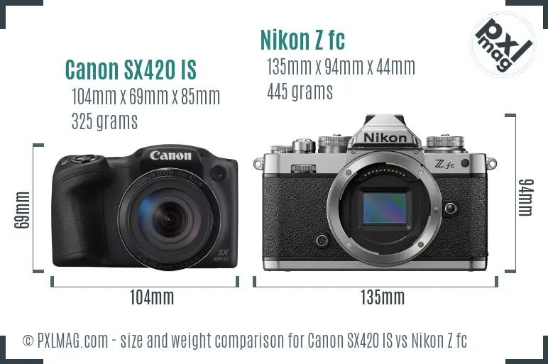 Canon SX420 IS vs Nikon Z fc size comparison