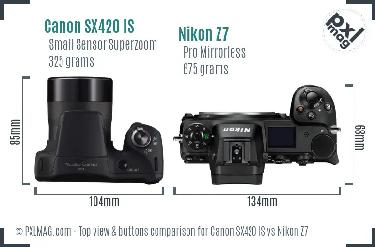 Canon SX420 IS vs Nikon Z7 top view buttons comparison