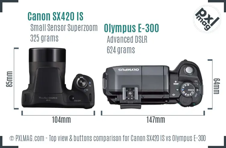 Canon SX420 IS vs Olympus E-300 top view buttons comparison