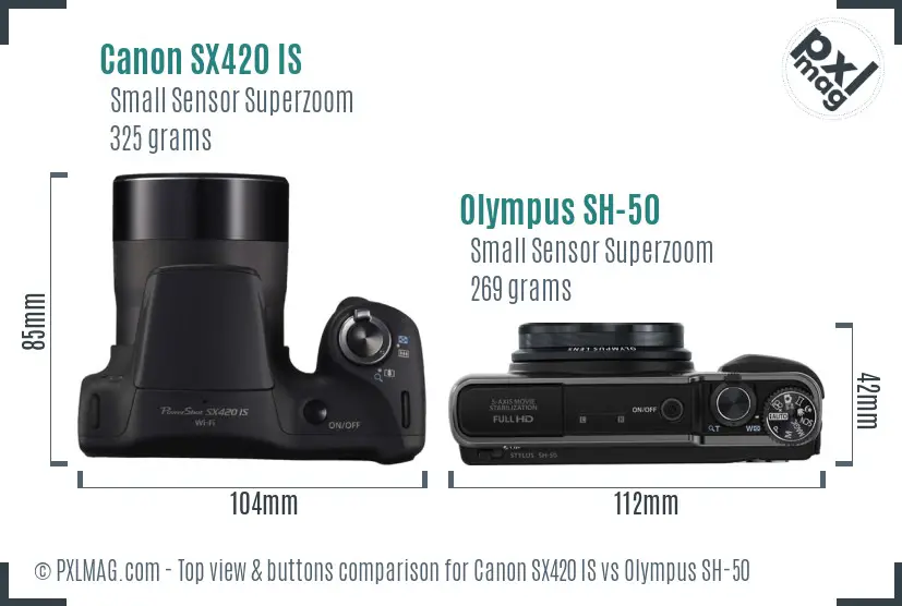 Canon SX420 IS vs Olympus SH-50 top view buttons comparison Canon SX420 IS vs Olympus SH-50 top view buttons comparison
