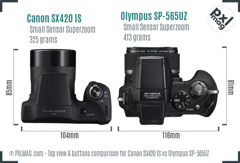 Canon SX420 IS vs Olympus SP-565UZ top view buttons comparison