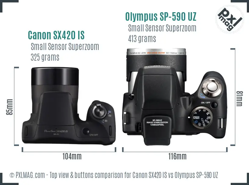 Canon SX420 IS vs Olympus SP-590 UZ top view buttons comparison