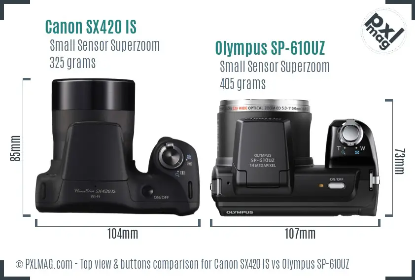 Canon SX420 IS vs Olympus SP-610UZ top view buttons comparison