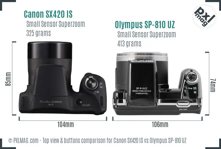 Canon SX420 IS vs Olympus SP-810 UZ top view buttons comparison