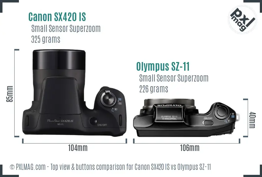 Canon SX420 IS vs Olympus SZ-11 top view buttons comparison Canon SX420 IS vs Olympus SZ-11 top view buttons comparison