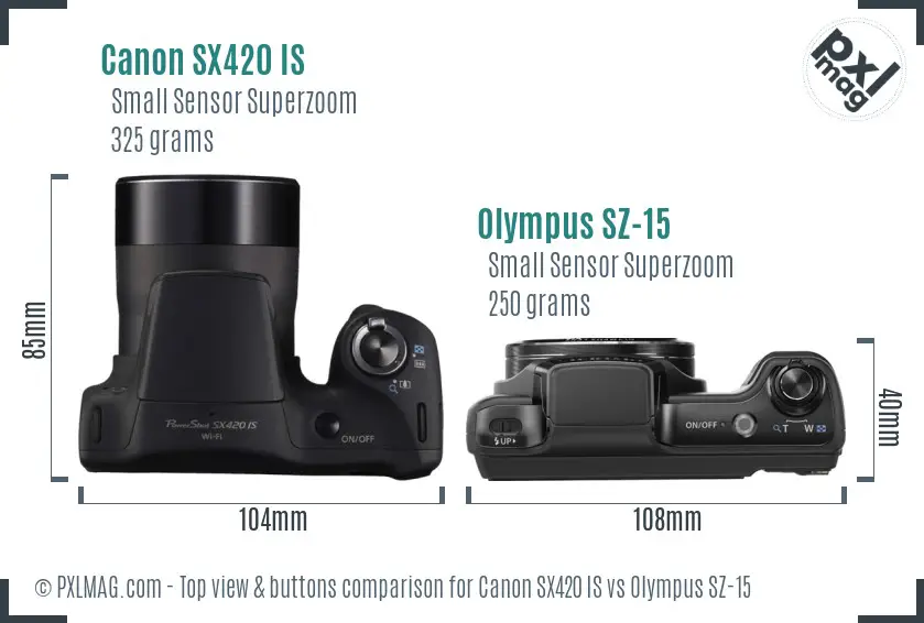 Canon SX420 IS vs Olympus SZ-15 top view buttons comparison Canon SX420 IS vs Olympus SZ-15 top view buttons comparison
