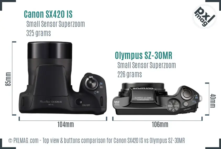 Canon SX420 IS vs Olympus SZ-30MR top view buttons comparison