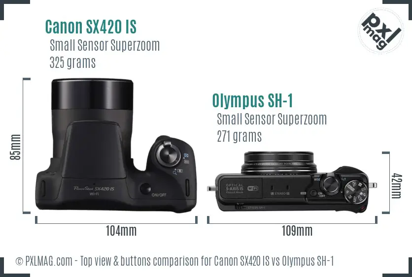 Canon SX420 IS vs Olympus SH-1 top view buttons comparison