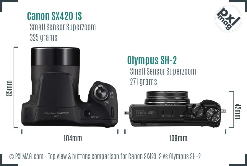 Canon SX420 IS vs Olympus SH-2 top view buttons comparison