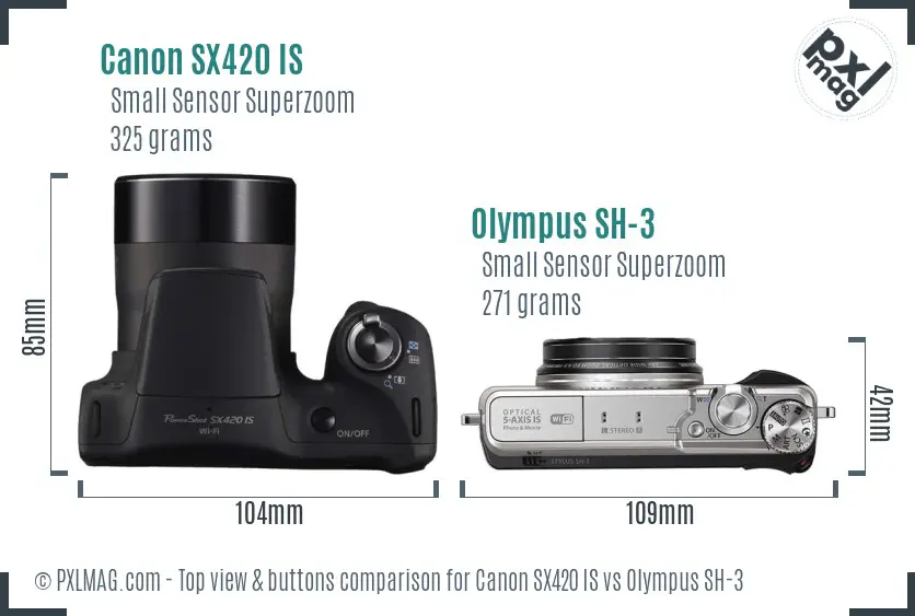 Canon SX420 IS vs Olympus SH-3 top view buttons comparison Canon SX420 IS vs Olympus SH-3 top view buttons comparison