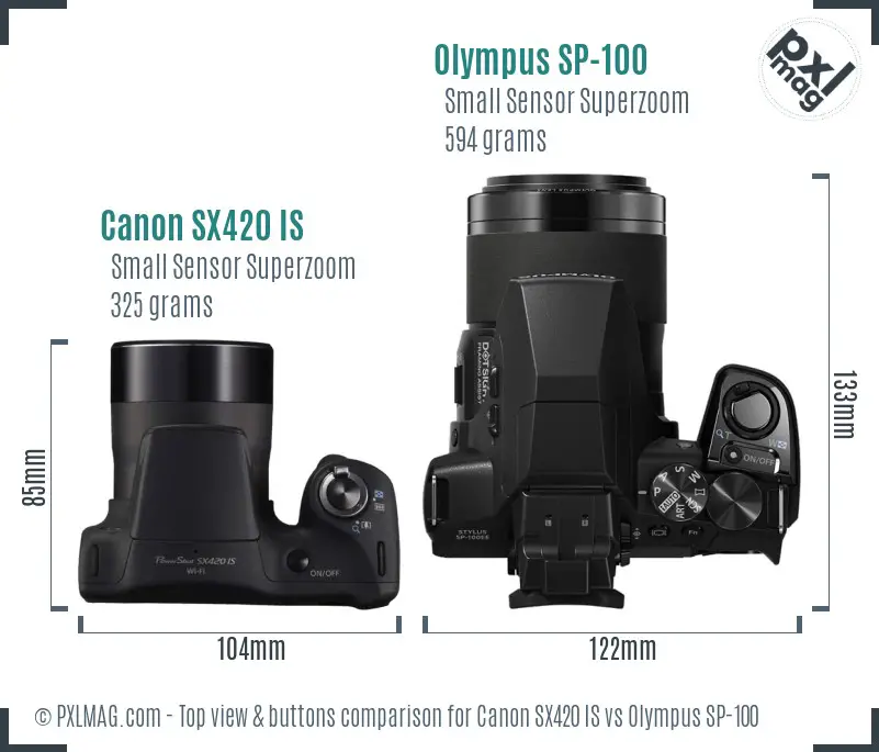 Canon SX420 IS vs Olympus SP-100 top view buttons comparison Canon SX420 IS vs Olympus SP-100 top view buttons comparison