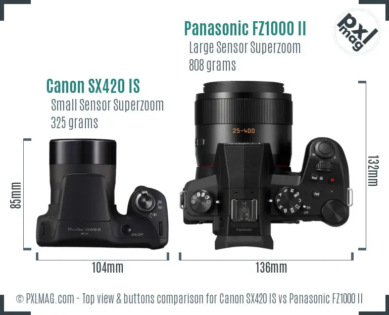 Canon SX420 IS vs Panasonic FZ1000 II top view buttons comparison