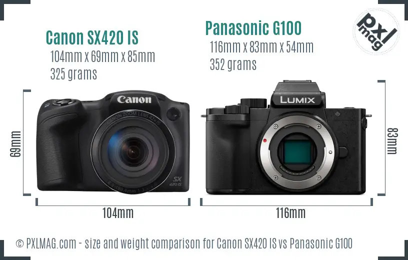 Canon SX420 IS vs Panasonic G100 size comparison