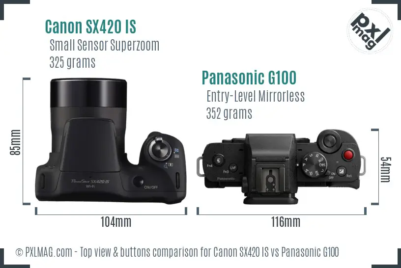 Canon SX420 IS vs Panasonic G100 top view buttons comparison