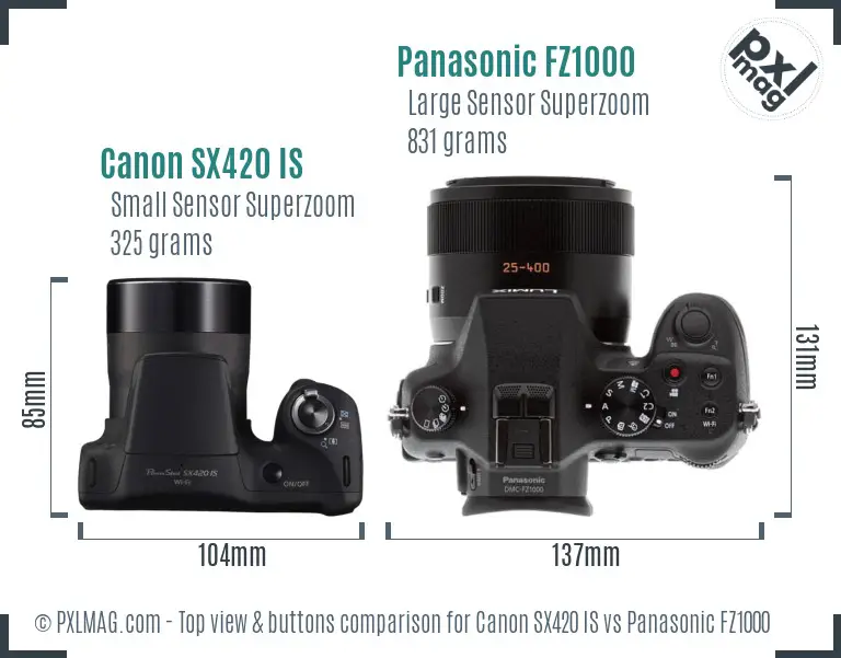 Canon SX420 IS vs Panasonic FZ1000 top view buttons comparison