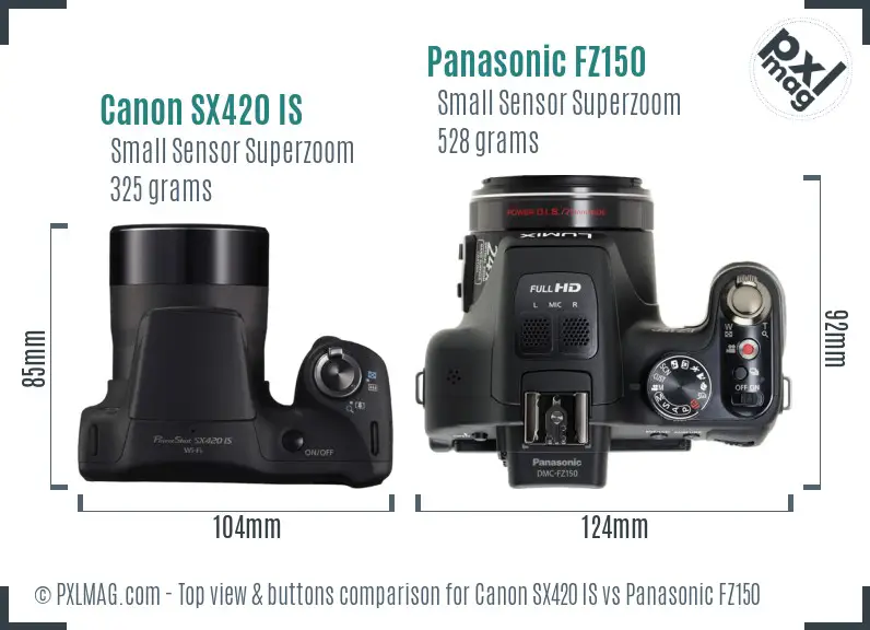 Canon SX420 IS vs Panasonic FZ150 top view buttons comparison Canon SX420 IS vs Panasonic FZ150 top view buttons comparison