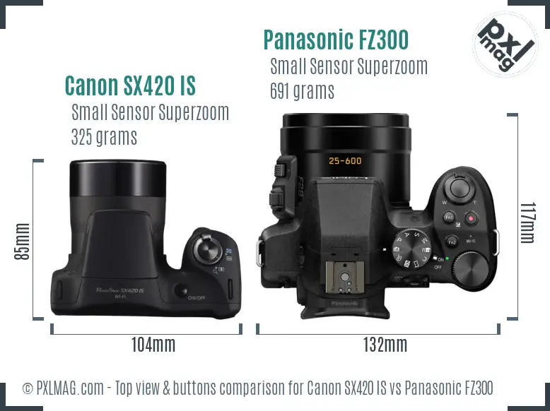 Canon SX420 IS vs Panasonic FZ300 top view buttons comparison