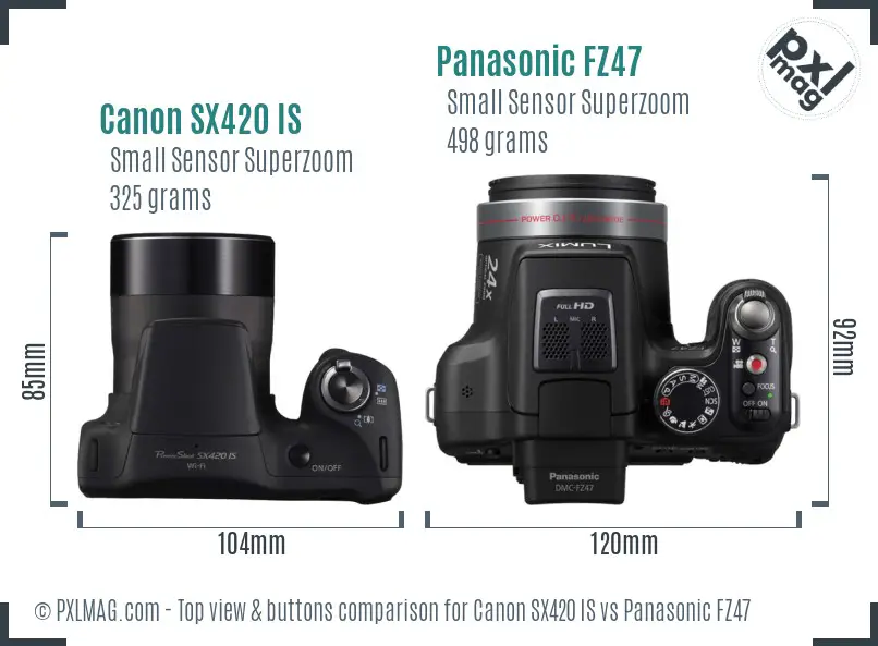 Canon SX420 IS vs Panasonic FZ47 top view buttons comparison Canon SX420 IS vs Panasonic FZ47 top view buttons comparison