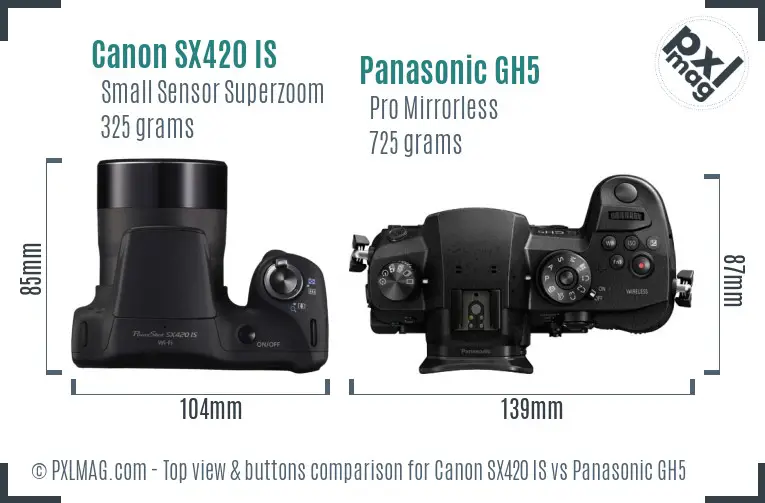 Canon SX420 IS vs Panasonic GH5 top view buttons comparison