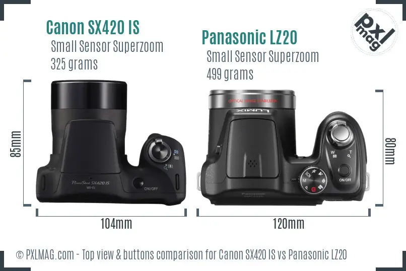 Canon SX420 IS vs Panasonic LZ20 top view buttons comparison
