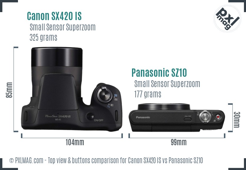 Canon SX420 IS vs Panasonic SZ10 top view buttons comparison