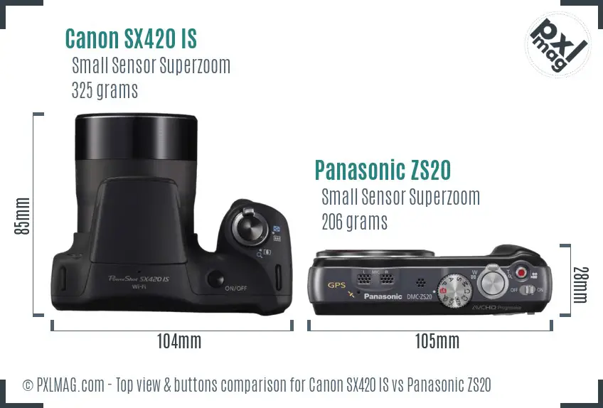 Canon SX420 IS vs Panasonic ZS20 top view buttons comparison