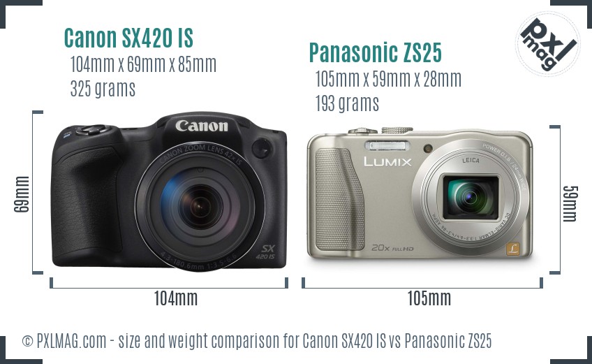 Canon SX420 IS vs Panasonic ZS25 size comparison