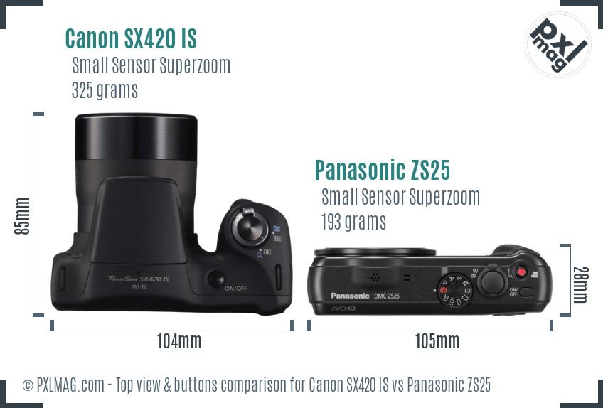 Canon SX420 IS vs Panasonic ZS25 top view buttons comparison