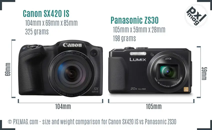 Canon SX420 IS vs Panasonic ZS30 size comparison