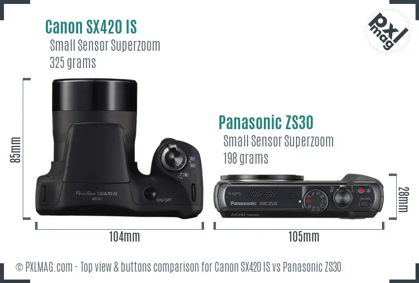 Canon SX420 IS vs Panasonic ZS30 top view buttons comparison