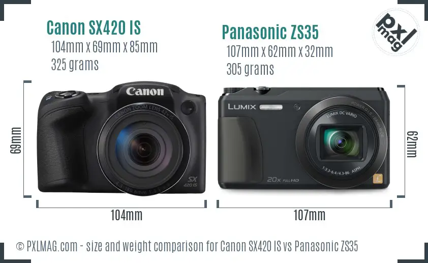 Canon SX420 IS vs Panasonic ZS35 size comparison
