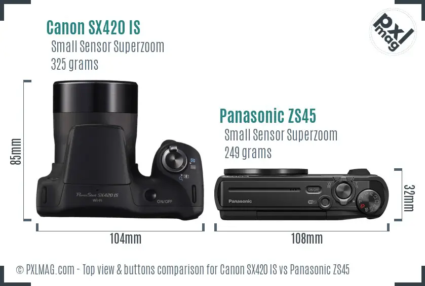 Canon SX420 IS vs Panasonic ZS45 top view buttons comparison Canon SX420 IS vs Panasonic ZS45 top view buttons comparison