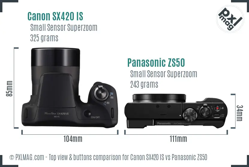 Canon SX420 IS vs Panasonic ZS50 top view buttons comparison Canon SX420 IS vs Panasonic ZS50 top view buttons comparison