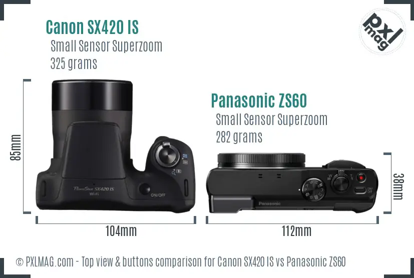 Canon SX420 IS vs Panasonic ZS60 top view buttons comparison