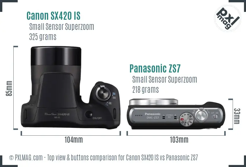 Canon SX420 IS vs Panasonic ZS7 top view buttons comparison