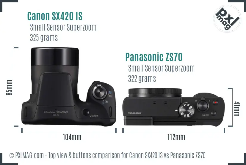Canon SX420 IS vs Panasonic ZS70 top view buttons comparison