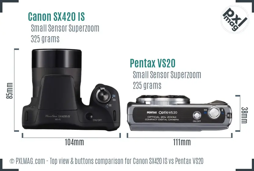 Canon SX420 IS vs Pentax VS20 top view buttons comparison Canon SX420 IS vs Pentax VS20 top view buttons comparison