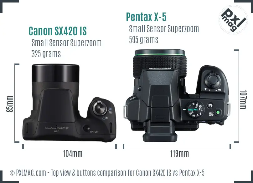 Canon SX420 IS vs Pentax X-5 top view buttons comparison