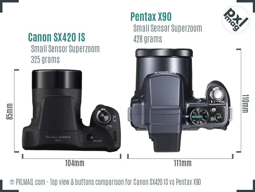 Canon SX420 IS vs Pentax X90 top view buttons comparison