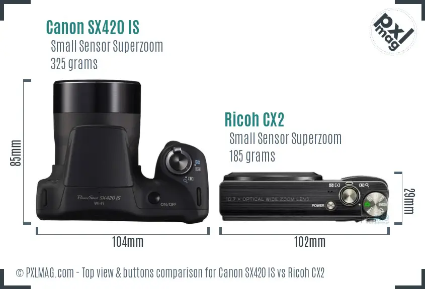 Canon SX420 IS vs Ricoh CX2 top view buttons comparison
