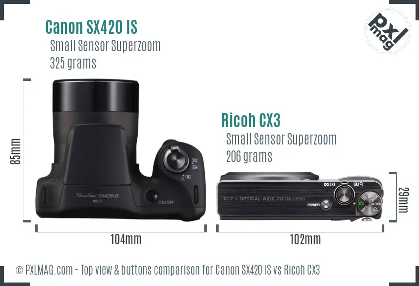 Canon SX420 IS vs Ricoh CX3 top view buttons comparison