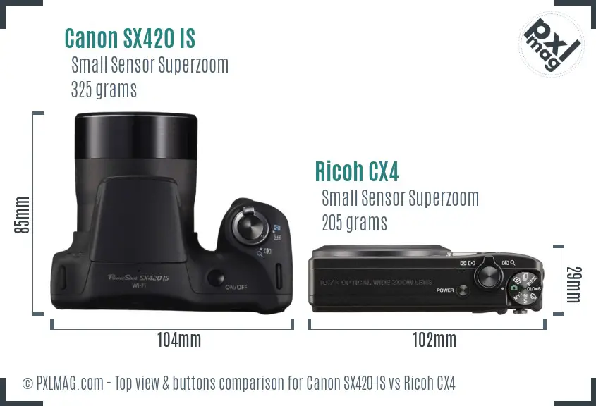 Canon SX420 IS vs Ricoh CX4 top view buttons comparison