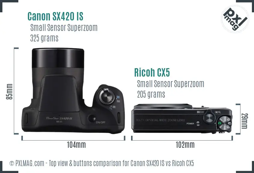 Canon SX420 IS vs Ricoh CX5 top view buttons comparison